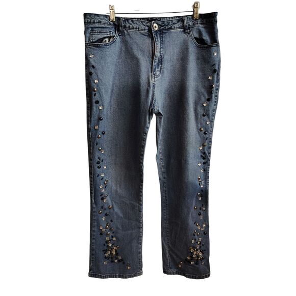 Denim 24/7 Side Leg Floral Embroidered Wide Leg Jeans Waist 35" - Picture 1 of 8